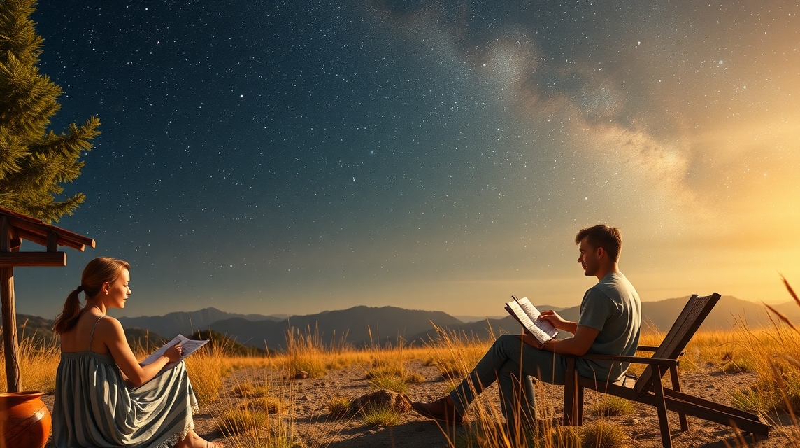 Egy férfi és nő asztrologizál a csillagos ég alatt.