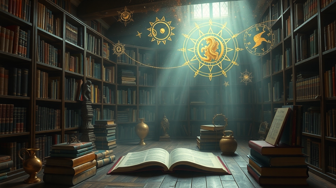 Könyvtár csillagképekkel és asztrológiai szimbólumokkal.