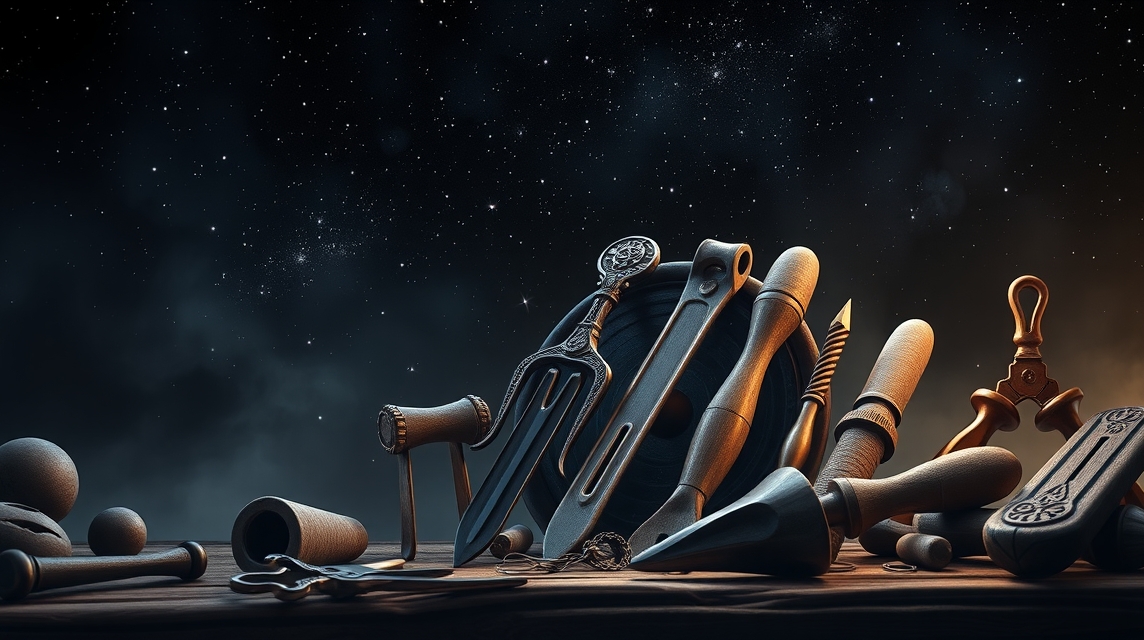 Asztrológiai eszközök és szerszámok éjszakai égbolt alatt.