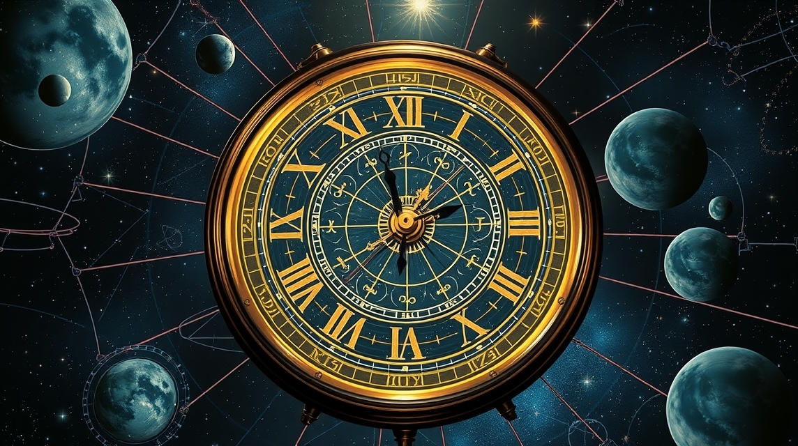 Sziderikus időt mérő óra az asztrológiában, égitestekkel körülvéve.