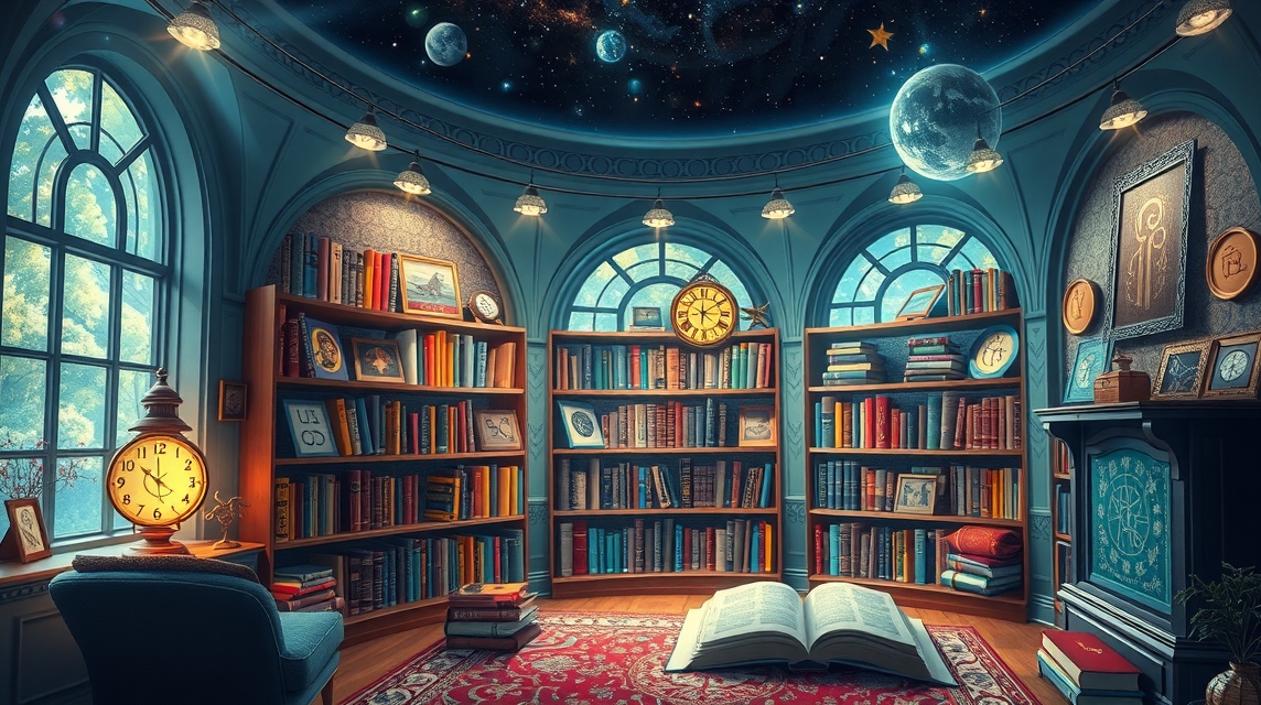 Asztrológiai könyvek és órák egy varázslatos könyvtárban.