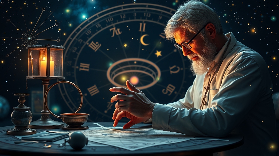 Asztrológus a horoszkóp elemzésénél, csillagokkal teli háttérrel.