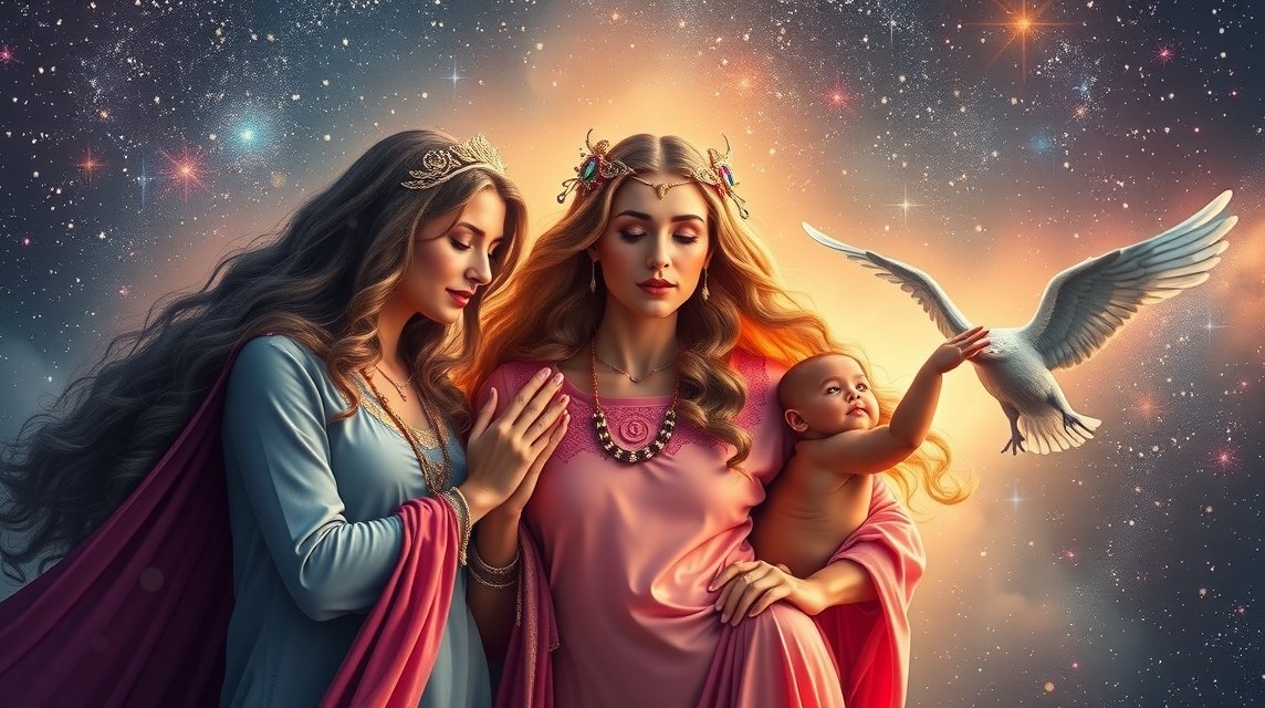 Két nő és egy gyermek, ősanya és csillagjegyek szimbolikájával