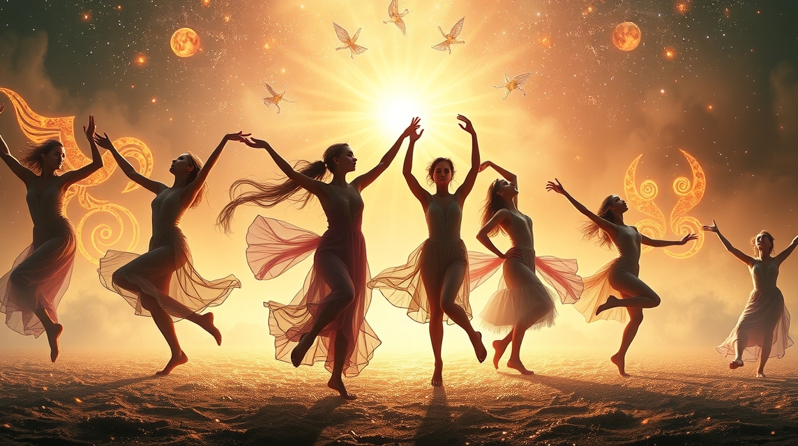Nők táncolnak a nap fényében, asztrológiai szimbólumokkal körülvéve.