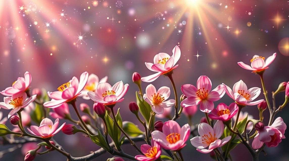 Virágok tavaszi napfényben, színpompás háttérrel.