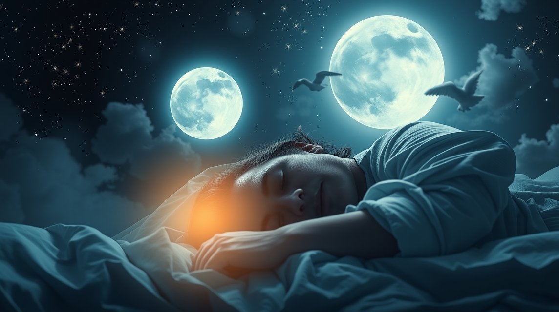 Nő alszik telihold világításában, csillagos égbolt alatt.