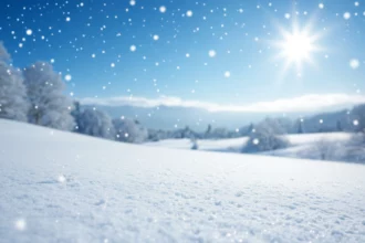 Téli táj havas földdel és csillogó napsütéssel