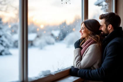 Pár együtt nézi a hóesést az ablaknál, romantikus pillanatban.