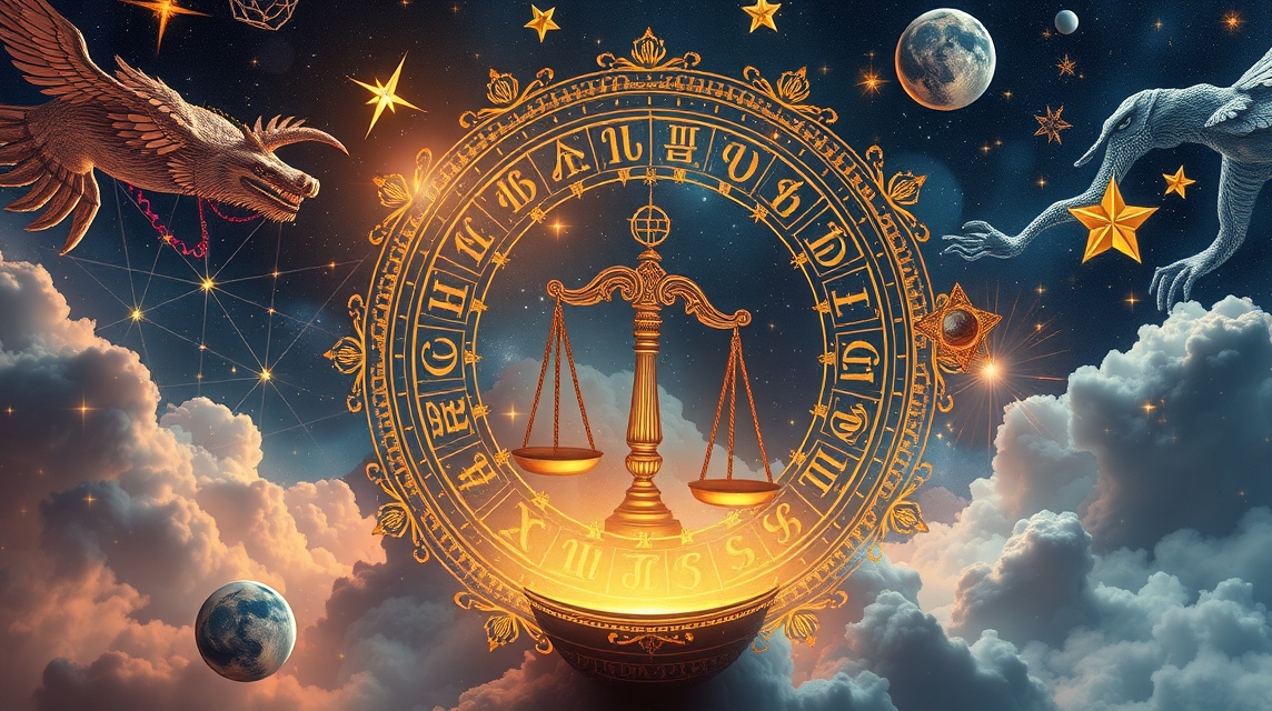 Astrológiai szimbólumok és a jogi igazságosság súlya.