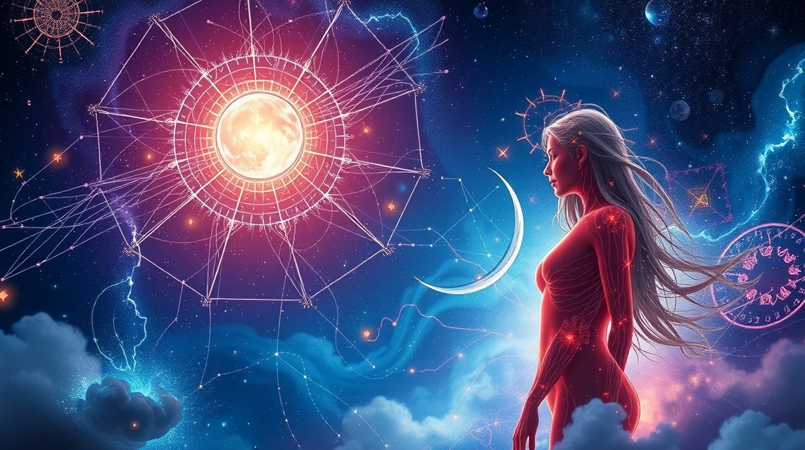 Asztrológiai szimbólumok és az emberi test illusztrációja az éjszakai égbolton.
