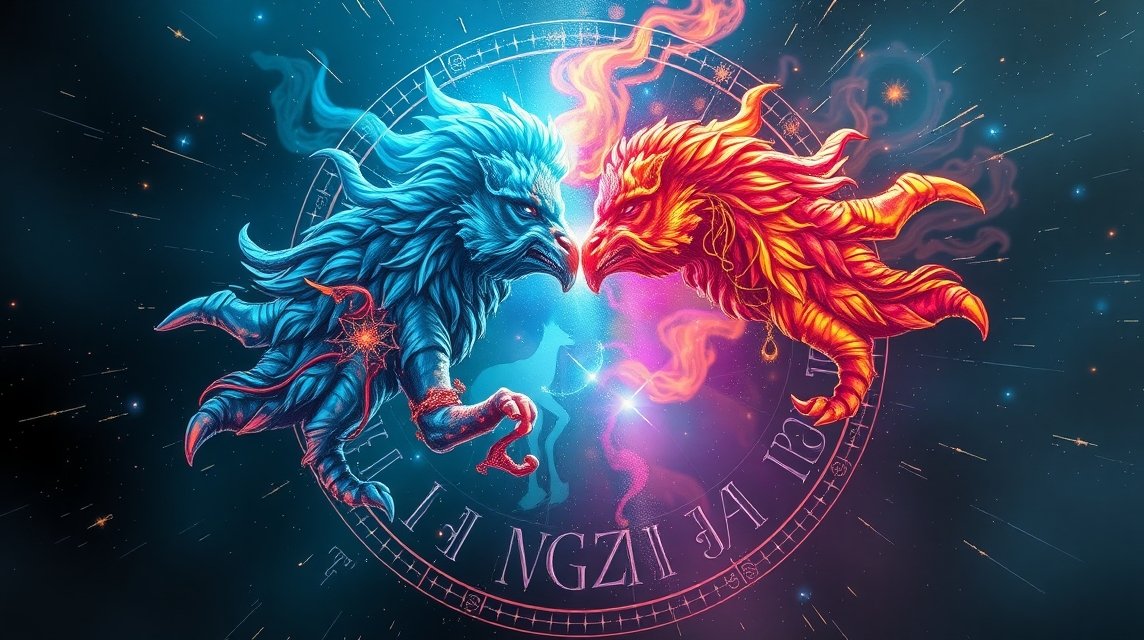 Két ellentétes csillagjegy szembenállása, rivalizálás ábrázolása.