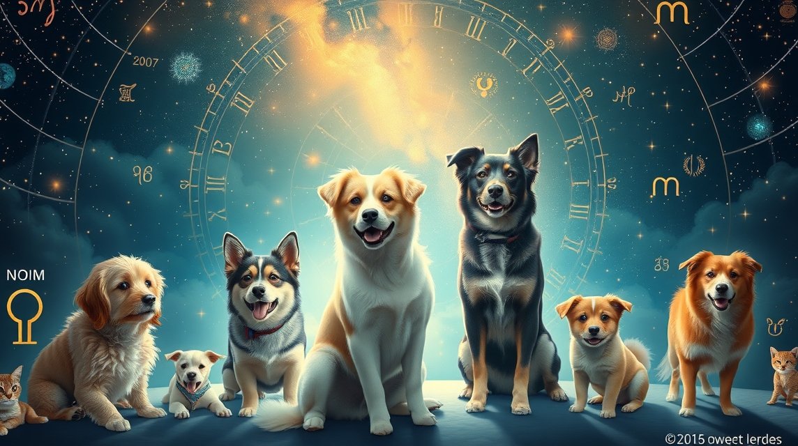 Különböző kutyafajták csillagjegyekkel a háttérben