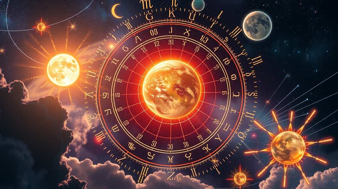 A tropikus év asztrológiai szimbólumai és égitestek.