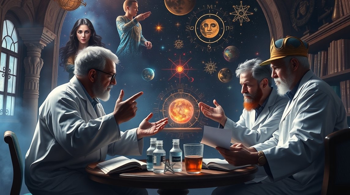Tudósok és filozófusok vitáját mutatja be az asztrológiáról.