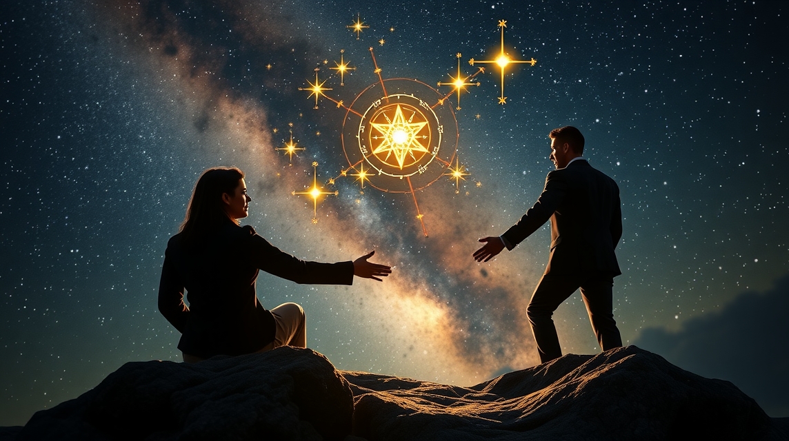 Két üzletember a csillagok alatt, üzleti partnerség lehetőségeit mérlegelik.