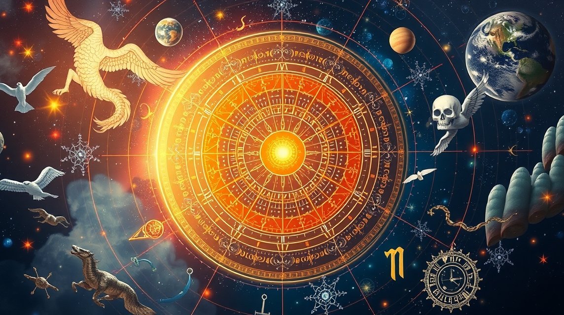 Asztrológiai szimbólumok és vallási elemek egyesítése a képen.
