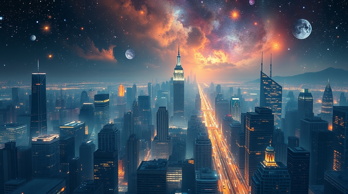 Asztrológiai városkép éjszakai égbolttal és csillagokkal.