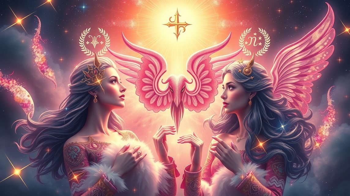 Két női figura csillagjegyek különleges vonzerejével a csillagok alatt.