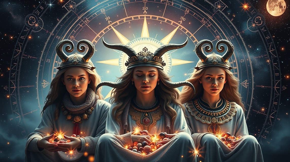 Három isteni női alak a zodiákus és égbolt előtt, drámai hangulatban.