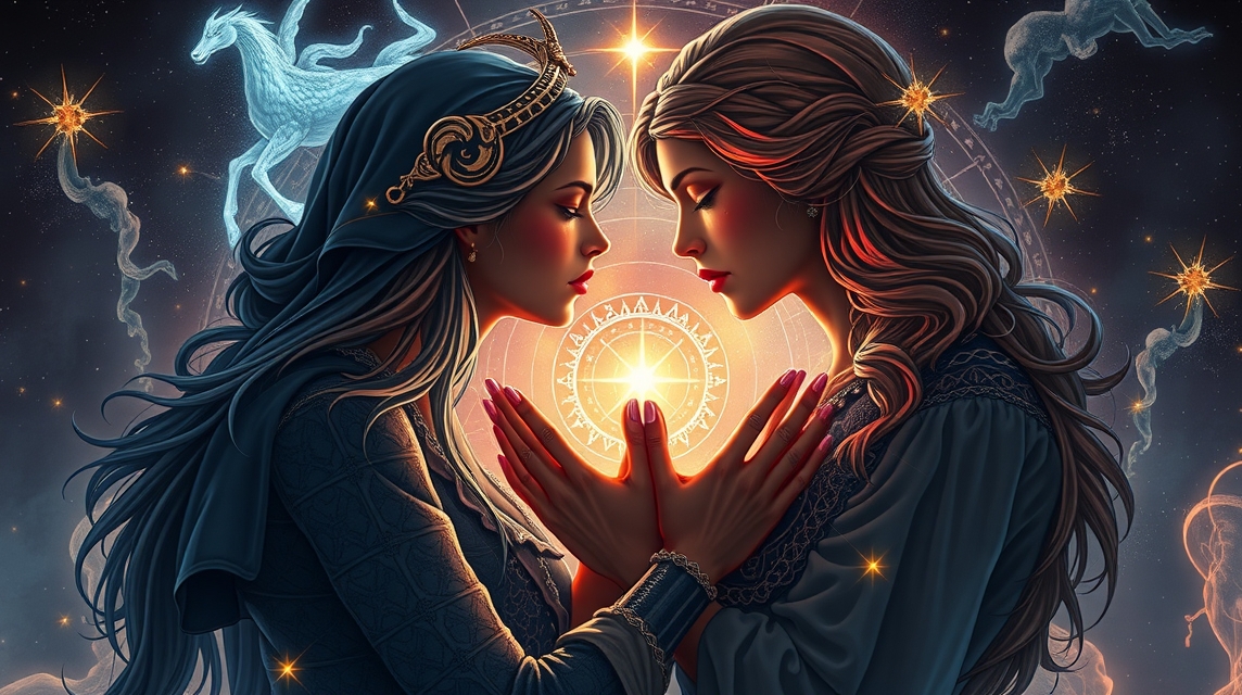 Két nő egymásra néz, csillagokkal és asztrológiai szimbólumokkal körülvéve.