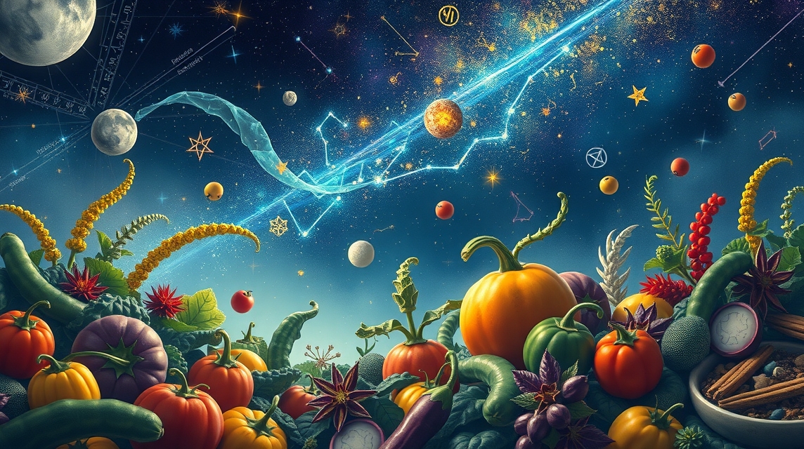 Színes zöldségek és fűszerek asztrológiai témában, csillagokkal.