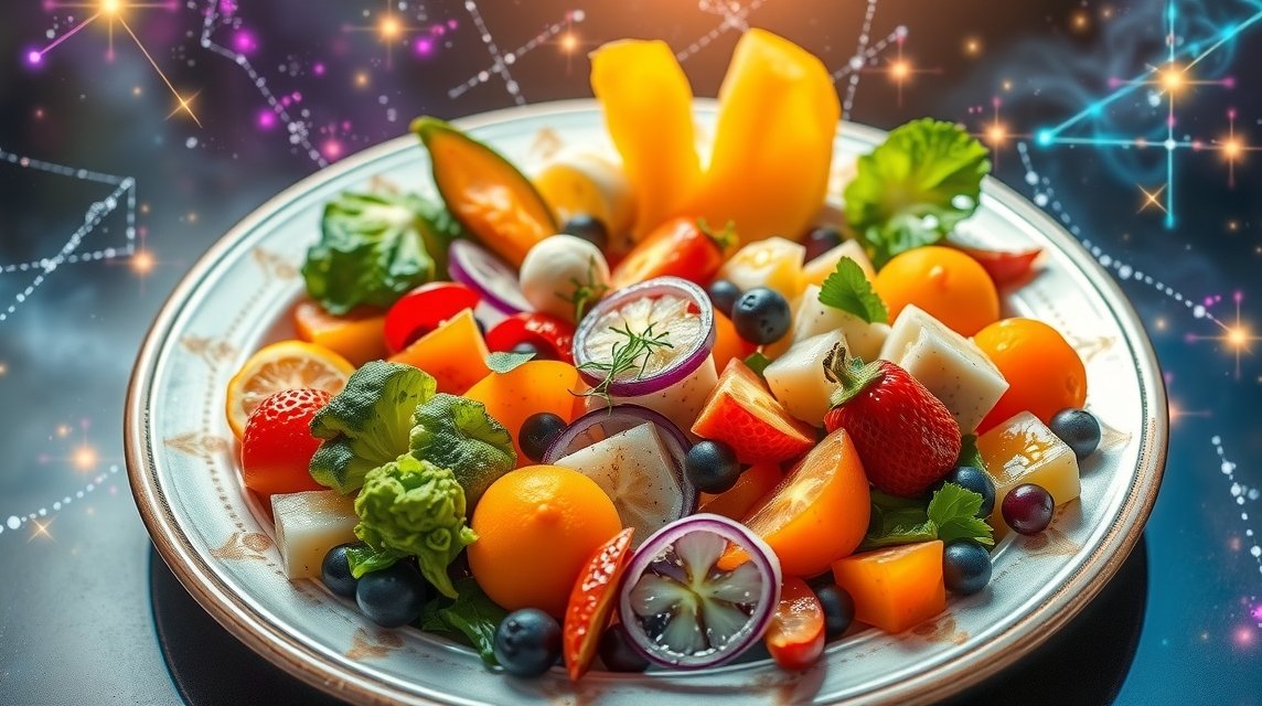 Színes gyümölcs- és zöldségsaláta csillagképekkel a háttérben.