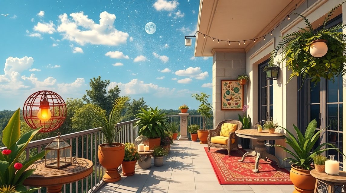 Dekorált erkély növényekkel és kényelmes bútorokkal
