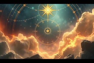 Csillagászati táj a horoszkóp jeleivel és csillagokkal.