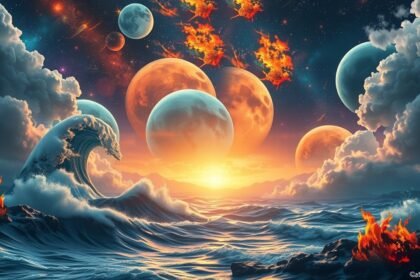 Absztrakt tájkép az elemek egyesítésével: tűz, víz és bolygók