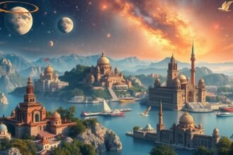 Fantáziadús táj a bolygókkal és gyönyörű épületekkel