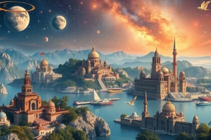 Fantáziadús táj a bolygókkal és gyönyörű épületekkel