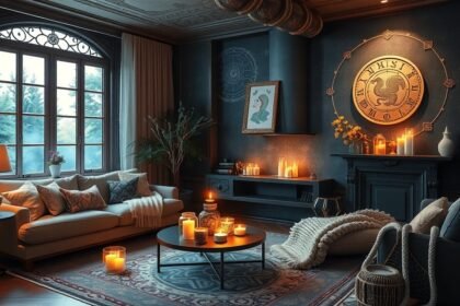 Stílusos lakásbelső gyertyákkal és zodiákus dekorációval.