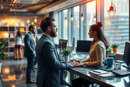 Két munkatárs kölcsönösen támogatják egymást az irodában.