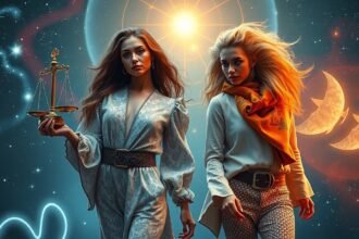 Két stílusos nő csillagjegy szimbólumokkal, öltözködési tippekkel.