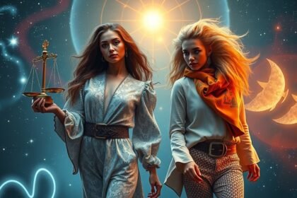 Két stílusos nő csillagjegy szimbólumokkal, öltözködési tippekkel.