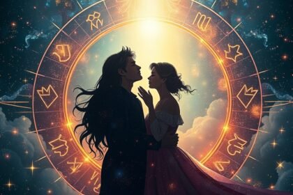 Pár ölelkezik a csillagjegyek körében, bemutatva a vonzalmat.