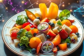 Színes gyümölcs- és zöldségsaláta csillagképekkel a háttérben.