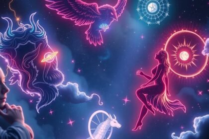 Horoszkóp rajz a csillagok között, különböző jegyek szimbólumaival.