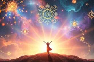 Nő a napfelkeltében, asztrológiai szimbólumokkal a háttérben.