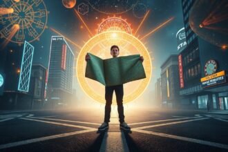 Fiatal férfi térképet tart a kezében, a háttérben horoszkóp motívumokkal.