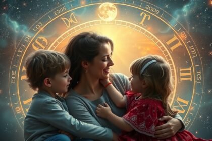 Anya és gyerekek az állatövi jegyek háttérrel, érzelmi kötődés