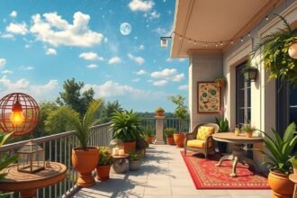 Dekorált erkély növényekkel és kényelmes bútorokkal