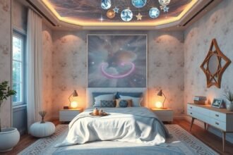 Modern hálószoba nyugtató színekkel és kreatív világítással