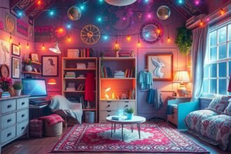 Tavaszi nagytakarítás és csillagjegyek stílusának bemutatása egy színes szobában.