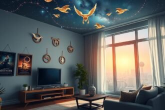 Hálószoba égbolttal és mozi poszterekkel