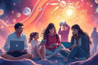 Kreatív fiatalok különböző digitális eszközöket használnak a 2026-os hobbi ötletek felfedezéséhez.