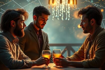 Férfiak randi közben, csillagjegyekkel a háttérben.