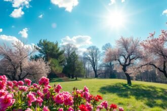Tavaszi napfényben fürdő virágzó fák és virágok