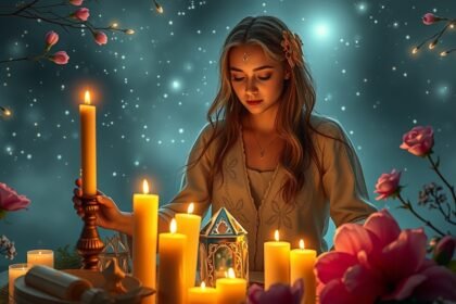Egy fiatal nő meditál gyertyák és virágok között a napéjegyenlőség idején.