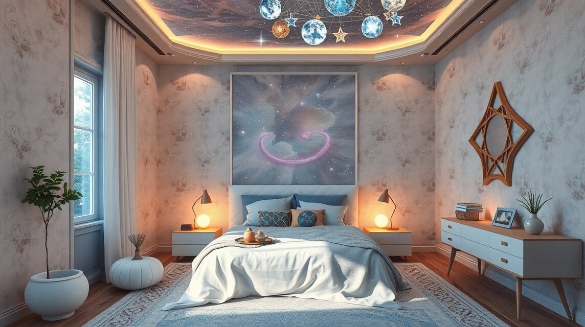 Modern hálószoba nyugtató színekkel és kreatív világítással